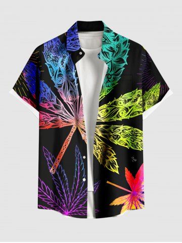 Plus Size Colorful Maple Floral Pattern Print Buttons Pocket Hawaii Shirt For Men