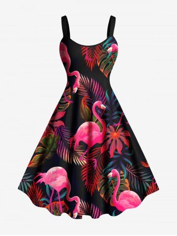Plus Size Tropical Leaf Flamingo Print Hawaii Tank Dress