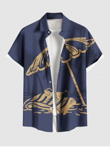 Plus Size Coconut Tree Beach Sun Umbrella Sunglasses Print Hawaii Button Pocket Shirt For Men