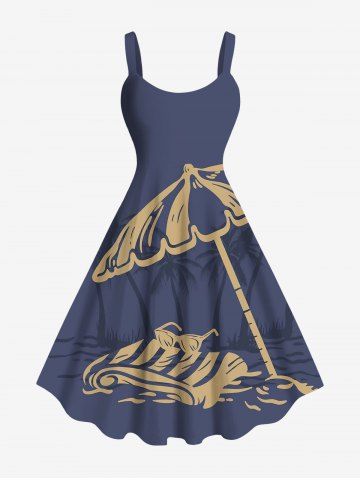 Robe Parapluie Ligne A Cocotier et Soleil Imprimés de Plage de Grande Taille - DEEP BLUE - 6X