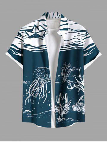 Plus Size Lellyfish Wine Glass Sailboat Sea Wave Print Hawaii Button Pocket Shirt For Men - DEEP GREEN - 6XL
