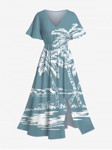 Plus Size Coconut Tree Sea Mountain Two Tone Print Hawaii Split Pocket A Line Midi Dress - GREEN - 2X