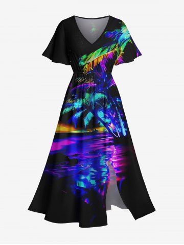 Plus Size Galaxy Colorful Coconut Tree Seascape Print Split Hawaii Midi Dress