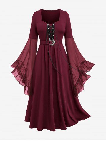 Plus Size Grommets Lace Up Mesh Bell Sleeves Buckle Belt Dress - DEEP RED - 3X | US 22-24