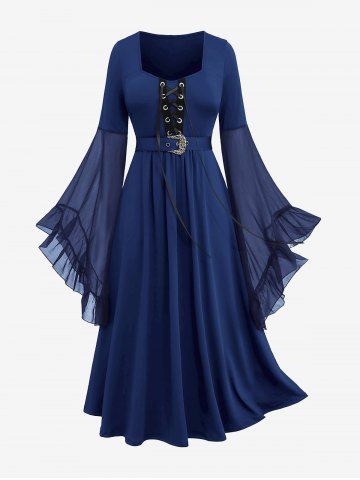 Plus Size Medieval Renaissance Grommets Lace Up Mesh Bell Sleeves Buckle Belt Dress - DEEP BLUE - 1X | US 14-16