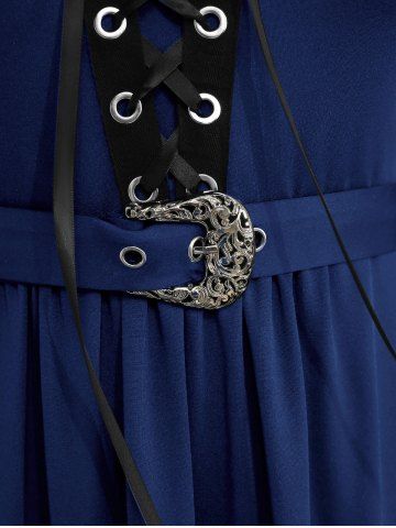 Plus Size Medieval Renaissance Grommets Lace Up Mesh Bell Sleeves Buckle Belt Dress