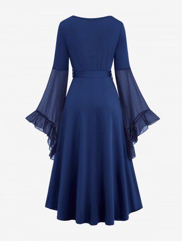 Plus Size Medieval Renaissance Grommets Lace Up Mesh Bell Sleeves Buckle Belt Dress