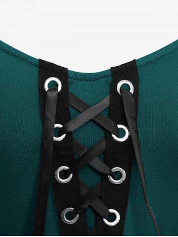 Plus Size Medieval Renaissance Grommets Lace Up Mesh Bell Sleeves Buckle Belt Dress