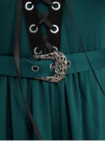 Plus Size Medieval Renaissance Grommets Lace Up Mesh Bell Sleeves Buckle Belt Dress