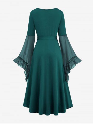 Plus Size Medieval Renaissance Grommets Lace Up Mesh Bell Sleeves Buckle Belt Dress