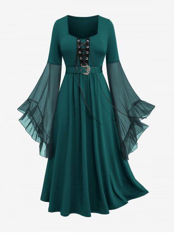 Plus Size Grommets Lace Up Mesh Bell Sleeves Buckle Belt Dress - DEEP GREEN - 2X | US 18-20