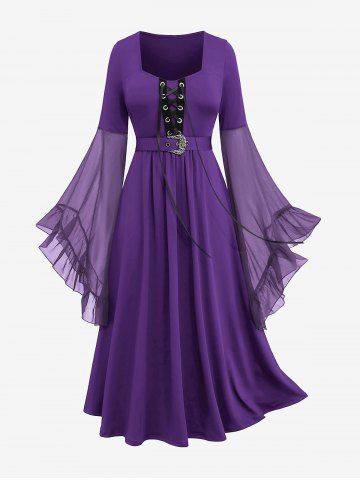 Plus Size Grommets Lace Up Mesh Bell Sleeves Buckle Belt Dress - CONCORD - L | US 12