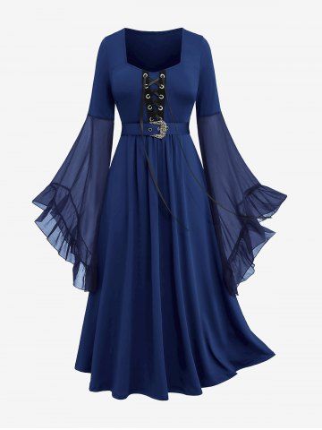 Plus Size Grommets Lace Up Mesh Bell Sleeves Buckle Belt Dress - DEEP BLUE - 3X | US 22-24