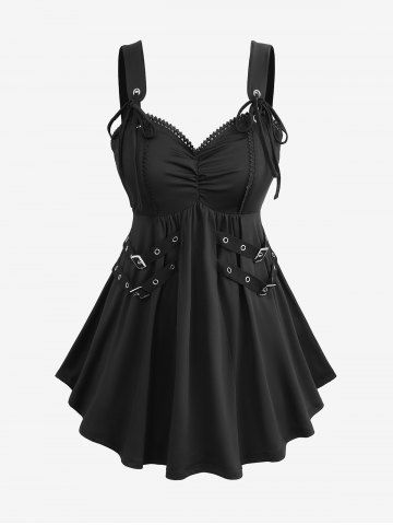 Plus Size Straps Buckle Grommets Ruched Solid Lace Trim Tank Top - BLACK - 4X | US 26-28