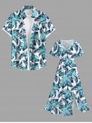 Costume de Plage Grande Taille Imprimé à Feuilles Tropicales - Bleu 