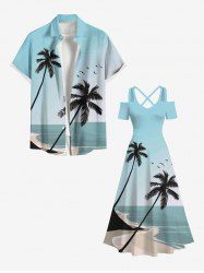 Coconut Tree Sea Beach Ombre Sky Bird Print Plus Size Matching Hawaii Beach Outfit For Couples -  