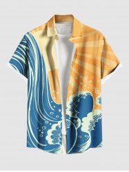 Plus Size Sea Wave Sun Bubble Printd Hawaii Button Pocket Shirt For Men -  