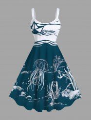 Plus Size Lellyfish Wine Glass Sailboat Sea Wave Print Hawaii A Line Tank Dress -  
