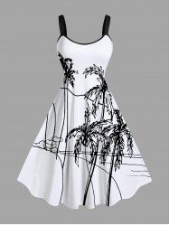 Robe Pin-Up Imprimée Grande Taille Bloc de Couleur Arbre de Noix de Coco - Blanc 6X