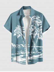 Plus Size Coconut Tree Sea Mountain Two Tone Print Hawaii Button Pocket Shirt For Men -  