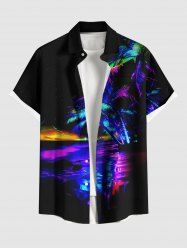 Plus Size Galaxy Colorful Coconut Tree Seascape Print Buttons Pocket Hawaii Shirt For Men -  