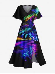 Robe Mi-Longue Hawaïen Fendue Arbre Noix de Coco et Galaxie Imprimés de Grande Taille - Noir M