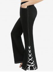 Pantalon Evasé Fente Latérale avec Poche à Œillet de Grande Taille à Lacets - Noir 4X | US 26-28