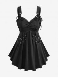 Plus Size Straps Buckle Grommets Ruched Solid Lace Trim Tank Top -  