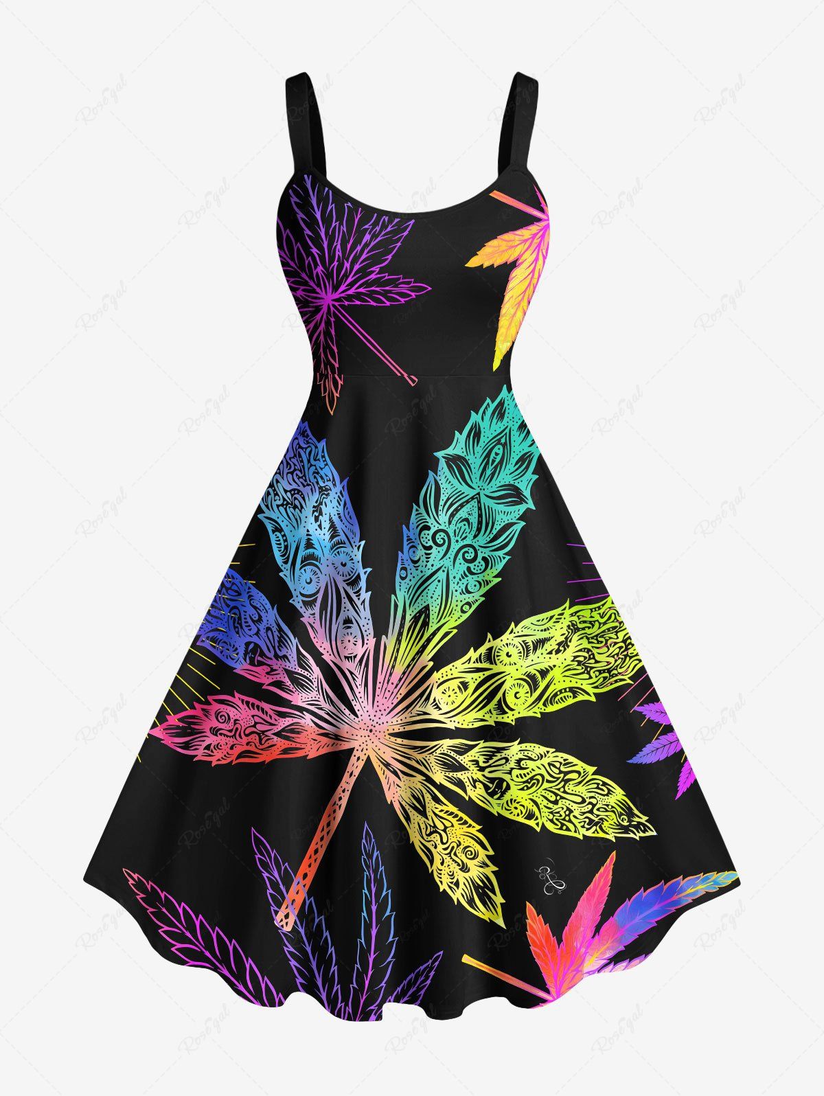 Best Plus Size Colorful Maple Floral Pattern Print Hawaii Tank Dress  