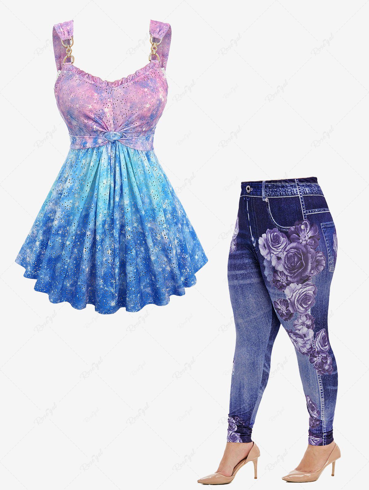 Cheap Galaxy Ombre Print Twist Ruffles Hollow Out Tank Top and High Rise Floral 3D Jeggings Plus Size Outfit  