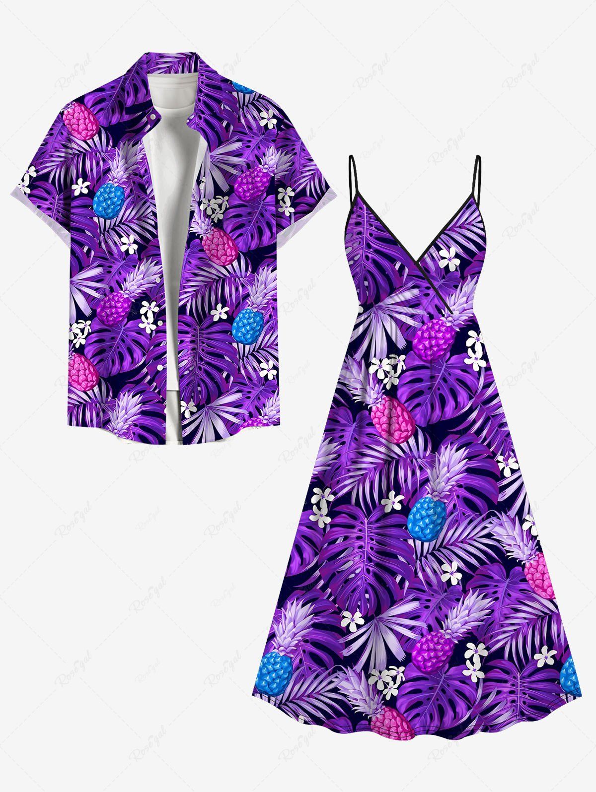 Online Tropical Leaf Flower Pineapple Print Plus Size Matching Hawaii Beach Outfit For Couples  