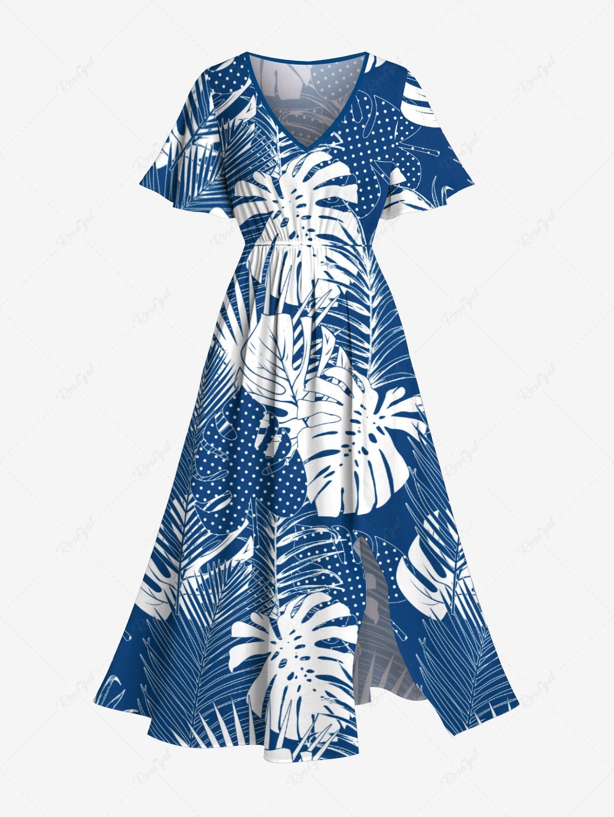 Robe Mi-Longue Hawaïen Fendue Feuille Tropicale Imprimée de Grande Taille Bleu 6X