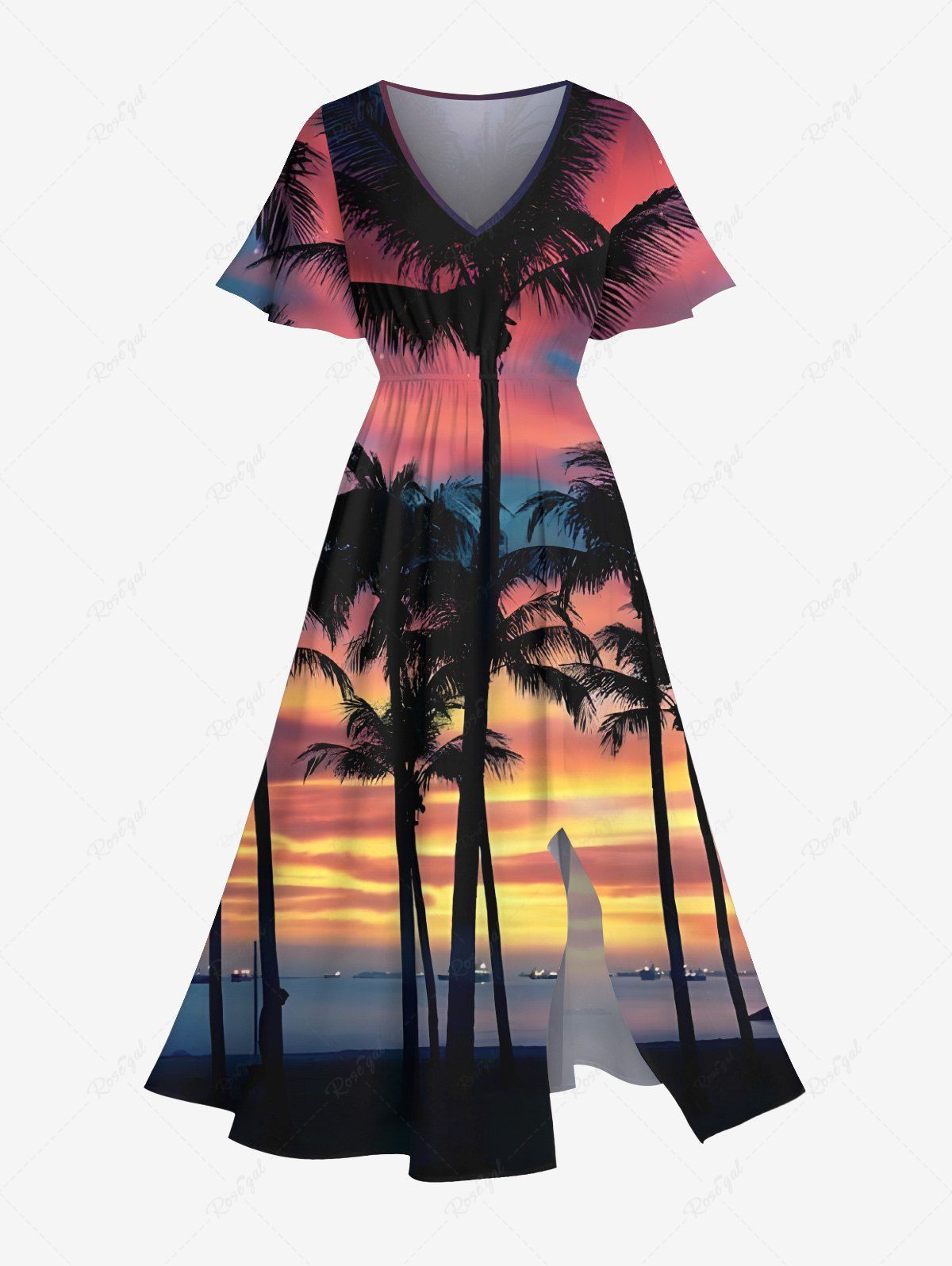 Robe Mi-Longue Hawaïen Fendue Cocotier et Ciel Imprimés de Grande Taille Multi-A 6X