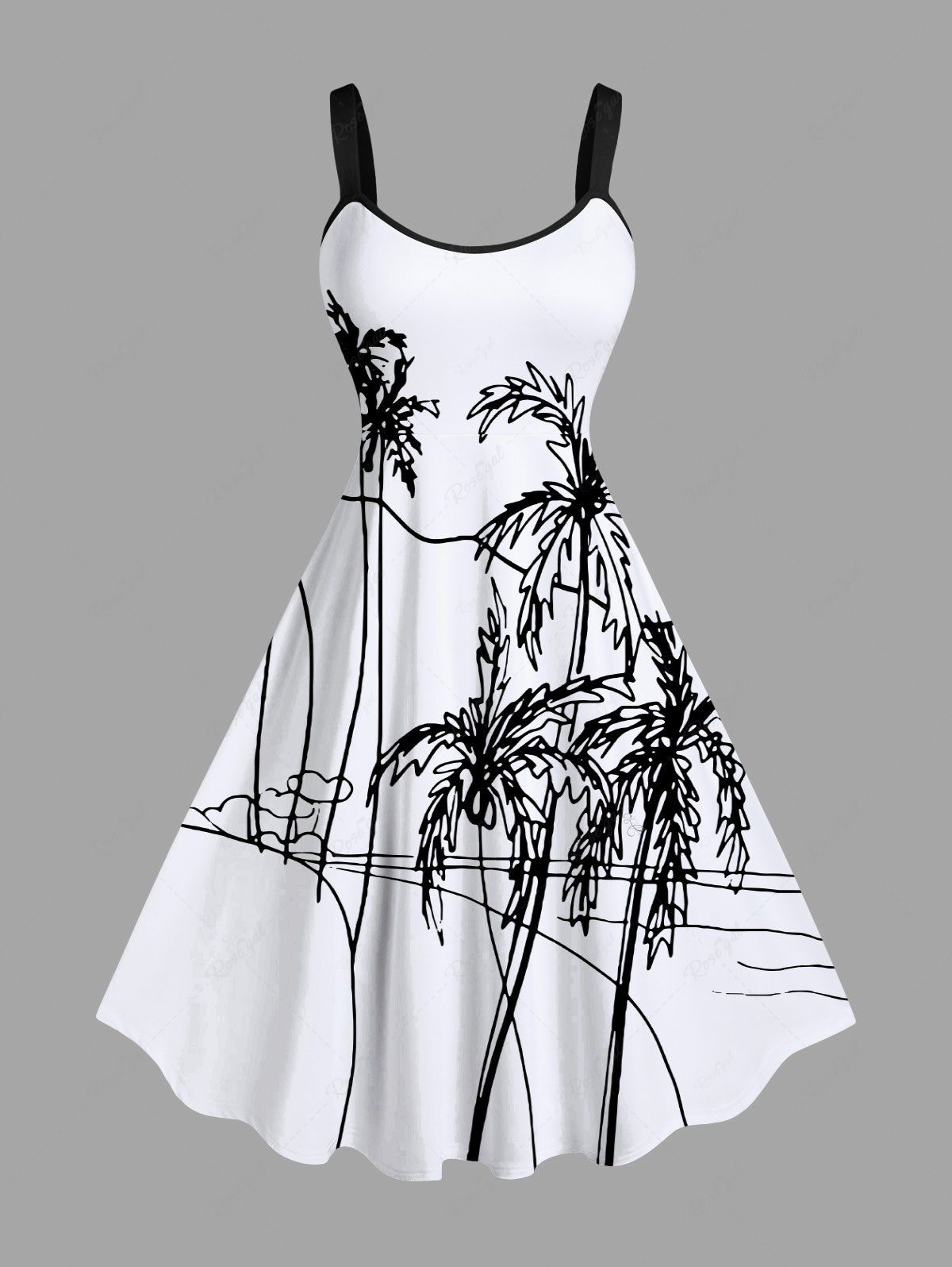 Robe Pin-Up Imprimée Grande Taille Bloc de Couleur Arbre de Noix de Coco Blanc 6X