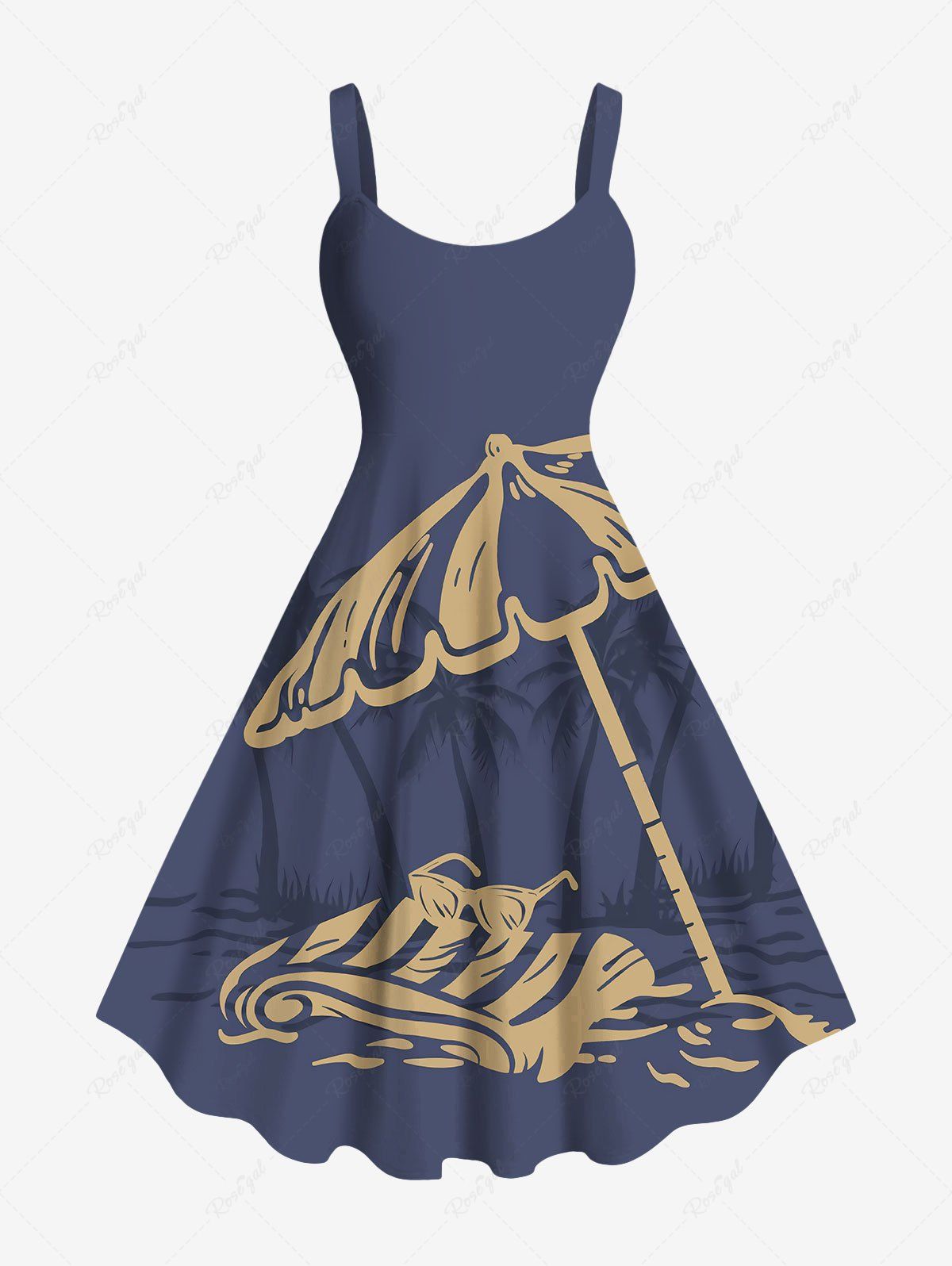 Robe Parapluie Ligne A Cocotier et Soleil Imprimés de Plage de Grande Taille Bleu profond 6X
