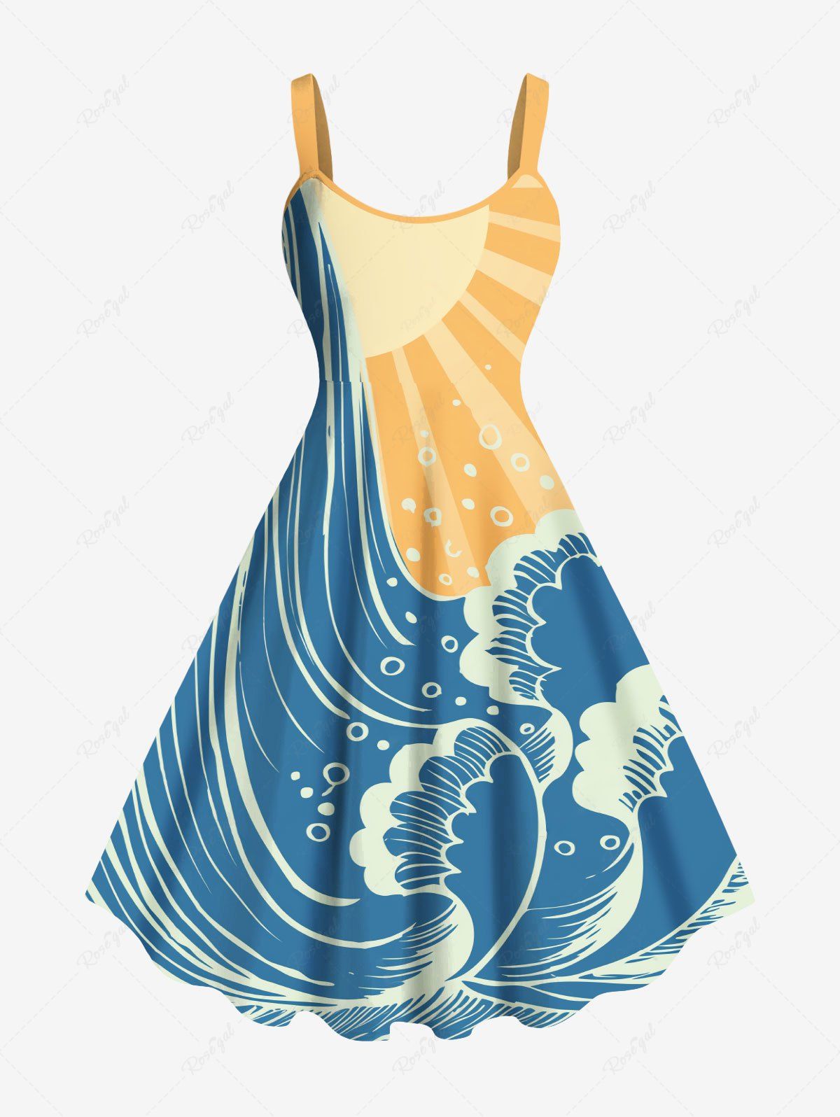 Robe Ligne A Vague D'Océan et Soleil Imprimés de Grande Taille Jaune 6X