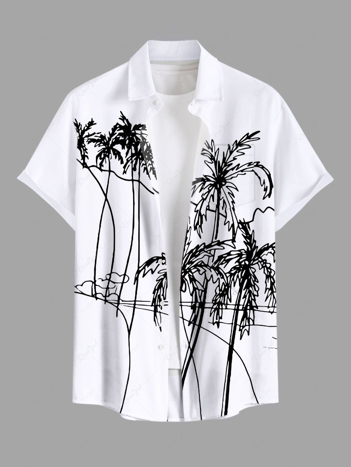 Chemise Grande Taille Imprimé Arbre Noix de Coco Peint à la Main à Deux Tons Blanc 5XL