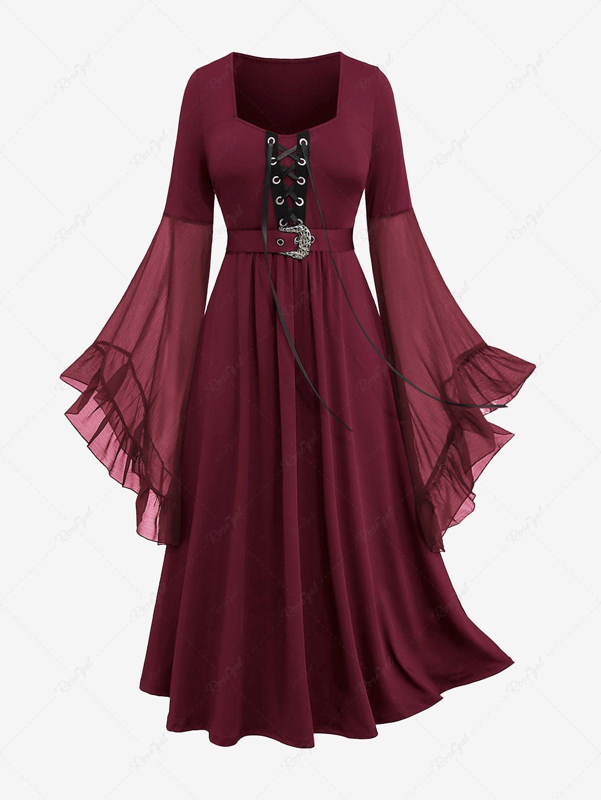 Fancy Plus Size Grommets Lace Up Mesh Bell Sleeves Buckle Belt Dress  