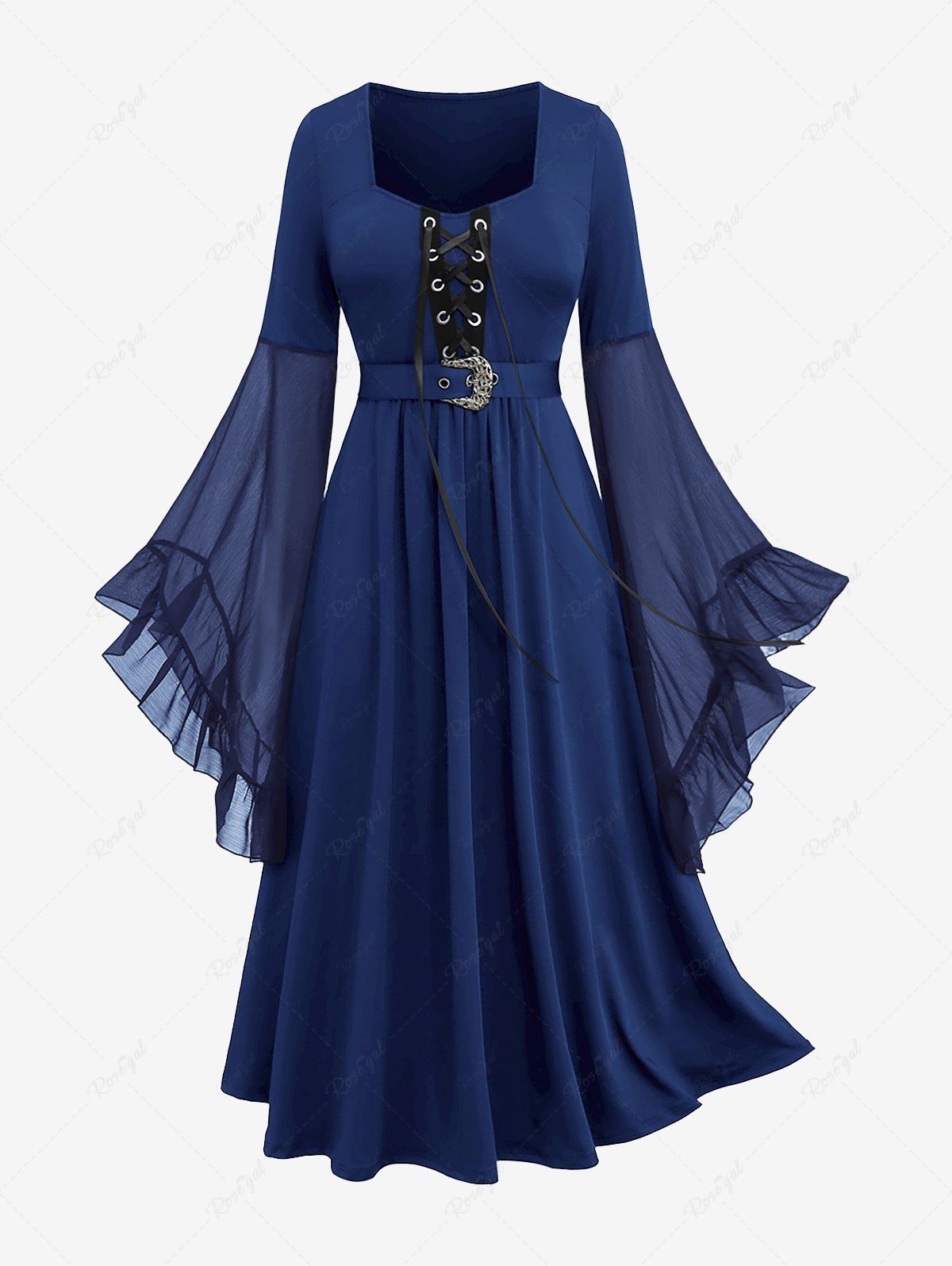 Best Plus Size Grommets Lace Up Mesh Bell Sleeves Buckle Belt Dress  