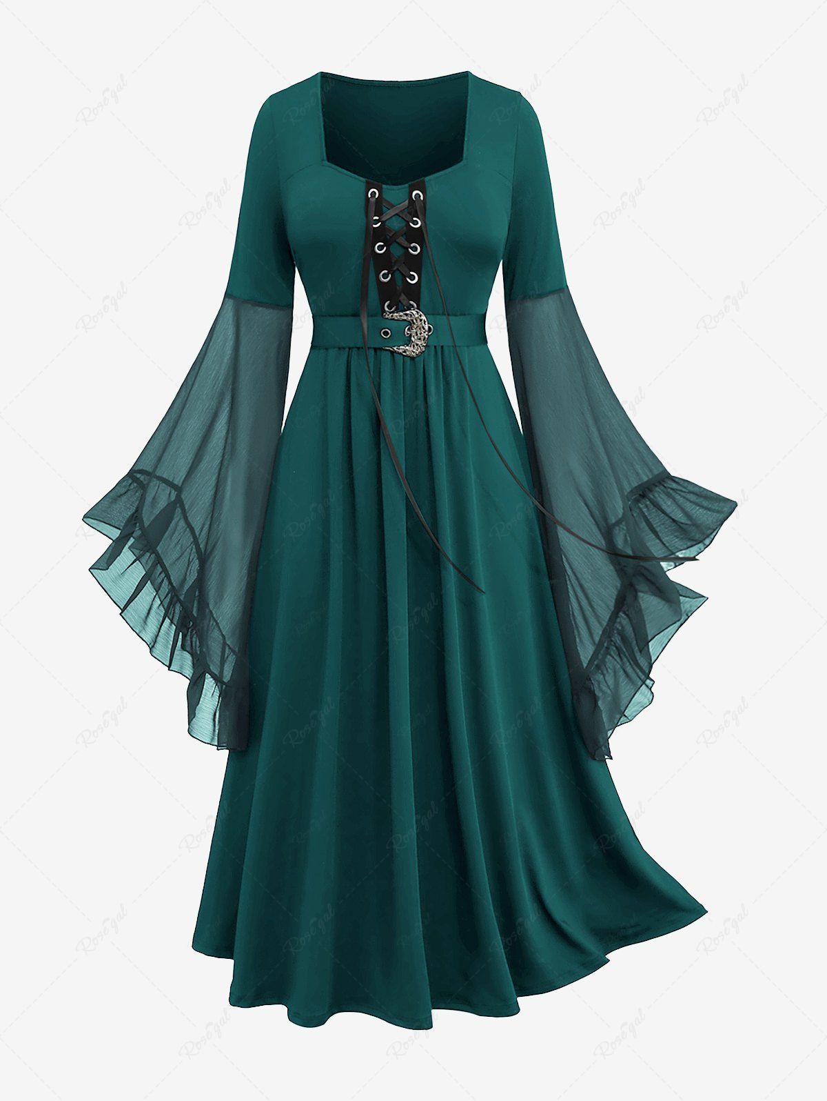 Robe Ceinturée Bouclée en Maille à Manches de Cloche Grande Taille à Lacets à Œillet Vert profond L | US 12