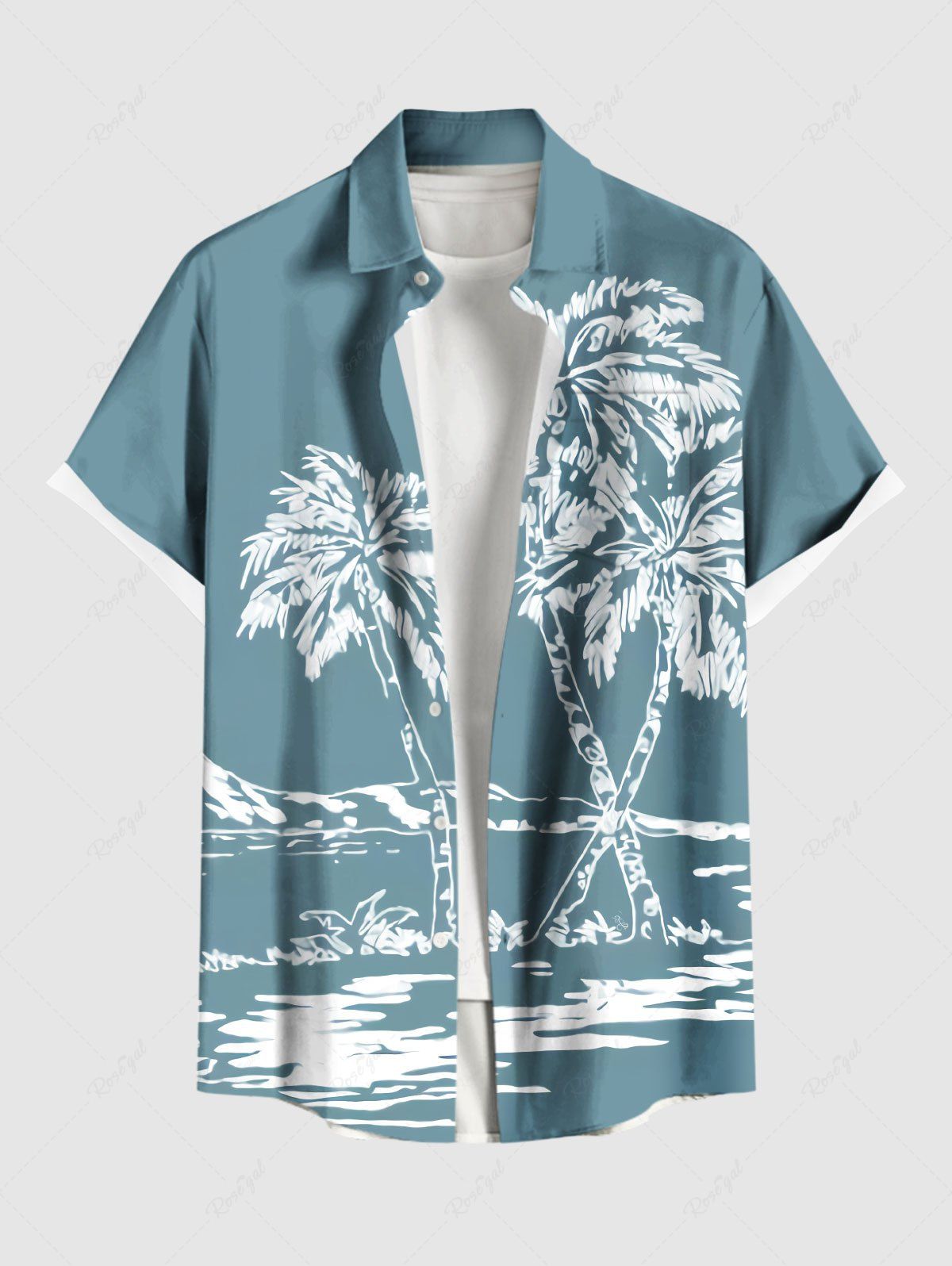 Hot Plus Size Coconut Tree Sea Mountain Two Tone Print Hawaii Button Pocket Shirt For Men  