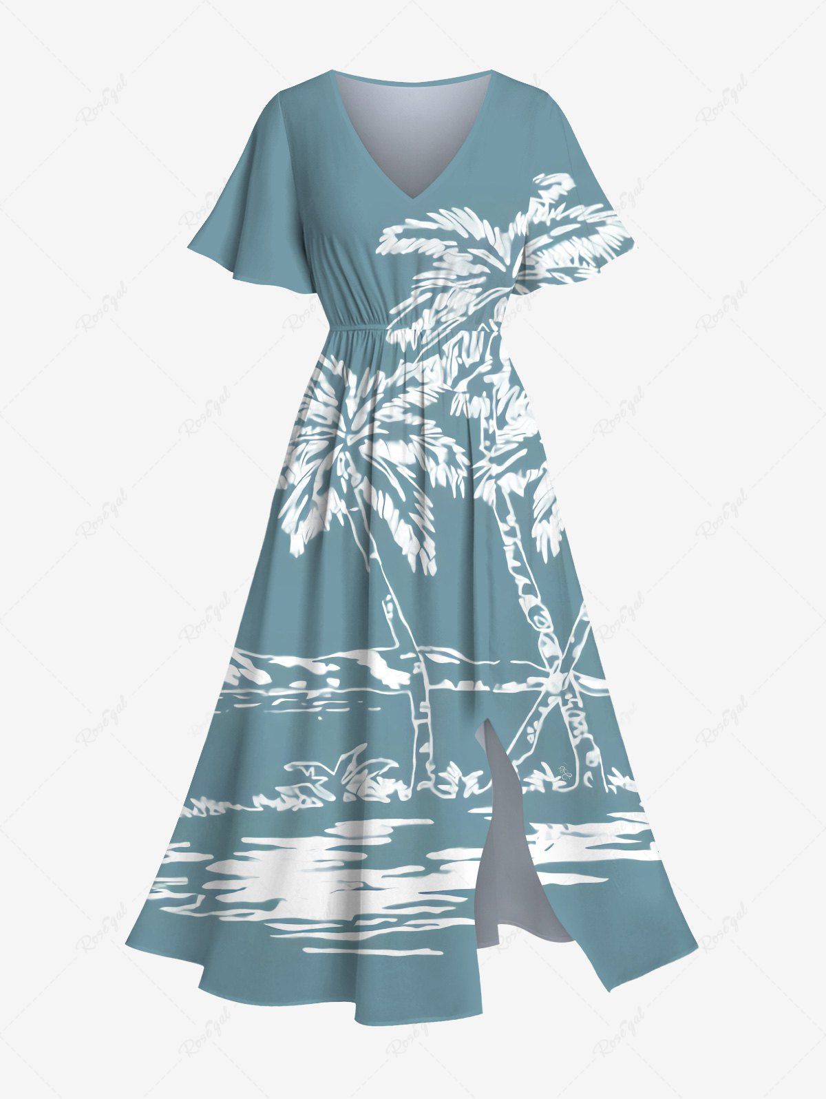 Shop Plus Size Coconut Tree Sea Mountain Two Tone Print Hawaii Split Pocket A Line Midi Dress  