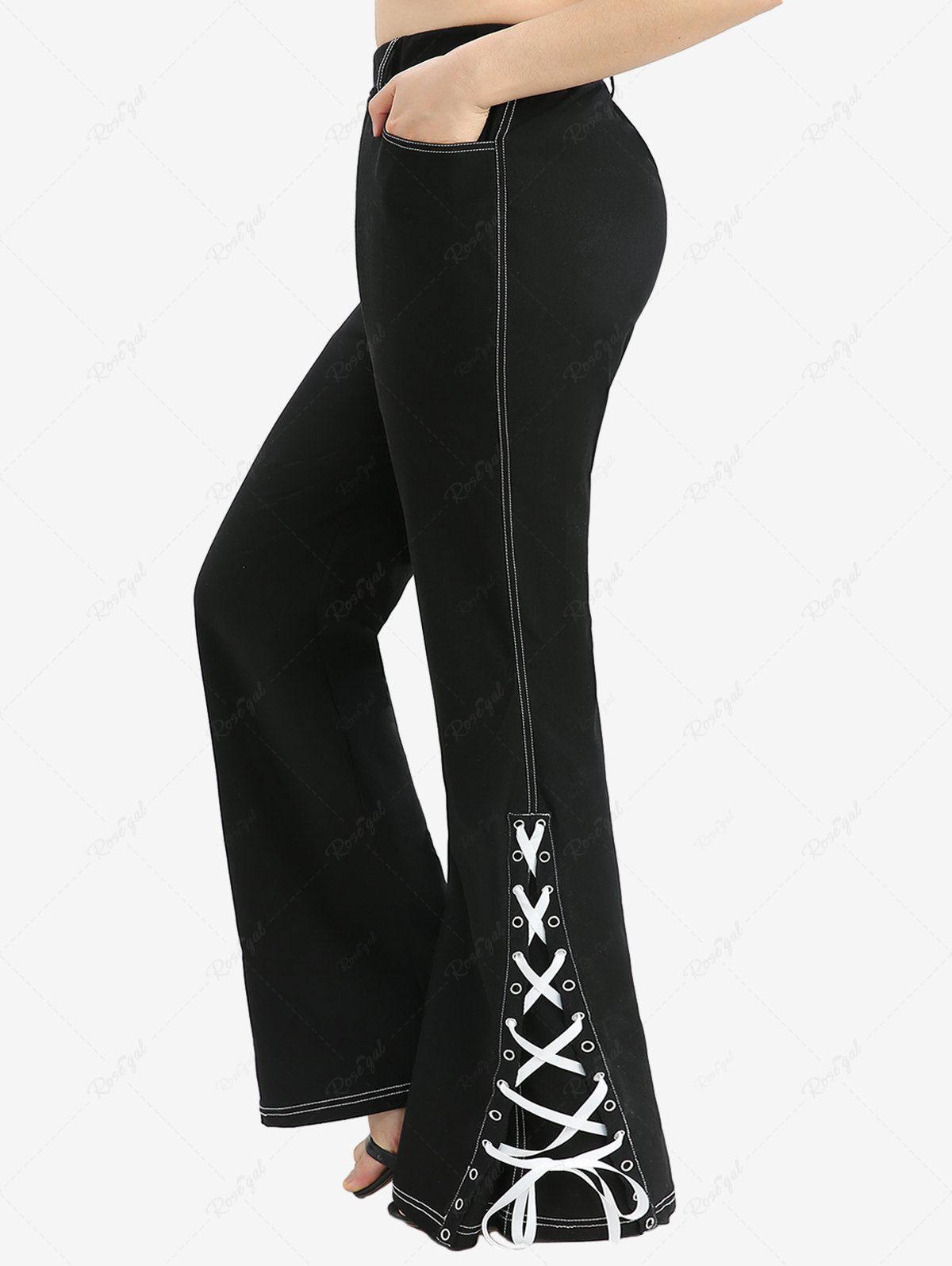 Trendy Plus Size Split Lace Up Side Grommet Topstitching Pockets Flare Pants  