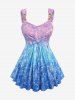 Galaxy Ombre Print Twist Ruffles Hollow Out Tank Top and High Rise Floral 3D Jeggings Plus Size Outfit -  