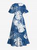 Robe Mi-Longue Hawaïen Fendue Feuille Tropicale Imprimée de Grande Taille - Bleu 1X