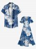 Robe Mi-Longue Hawaïen Fendue Feuille Tropicale Imprimée de Grande Taille - Bleu 6X