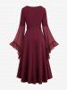 Plus Size Grommets Lace Up Mesh Bell Sleeves Buckle Belt Dress -  