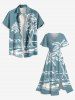Plus Size Coconut Tree Sea Mountain Two Tone Print Hawaii Split Pocket A Line Midi Dress -  
