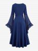 Plus Size Grommets Lace Up Mesh Bell Sleeves Buckle Belt Dress -  