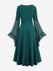 Robe Ceinturée Bouclée en Maille à Manches de Cloche Grande Taille à Lacets à Œillet - Vert profond L | US 12